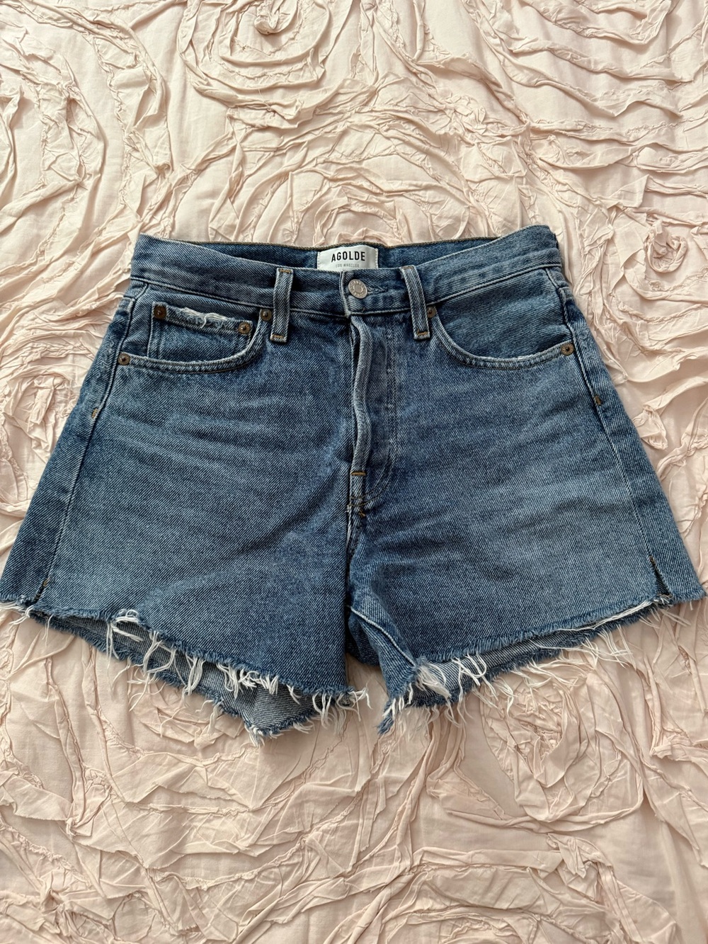 Agolde Parker Long Cutoff Shorts in light blue